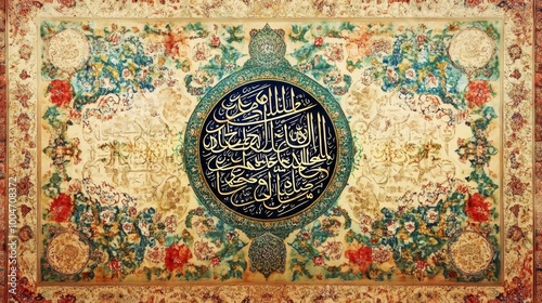 An ornate piece featuring Arabic calligraphy and floral patterns, likely a decorative art piece.