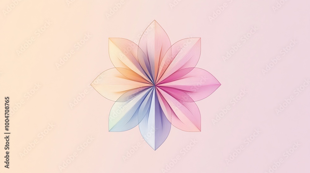 Fototapeta premium Abstract flower with delicate pink, blue, and yellow petals on a light pink background.