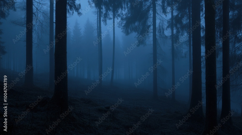 Obraz premium A dense fog envelops a dark forest, creating an eerie atmosphere among the tall trees. The early morning light softly filters through, enhancing the mysterious mood