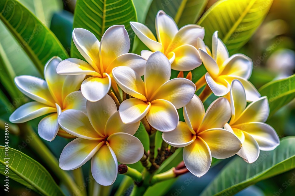 Fototapeta premium Delicate white plumeria rubra flowers with bright yellow centers bloom against a transparent backdrop, showcasing their intricate petals and subtle texture in perfect isolation.