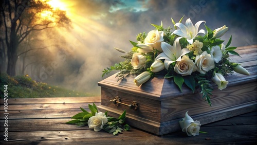 Softly lit, delicate white lilies and roses surround a worn, weathered wooden coffin, symbolizing peaceful farewell and eternal rest in a serene, misty environment. photo