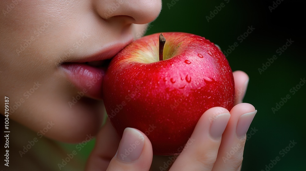 A close-up shows a person holding a fresh red apple near their lips, with water droplets glistening on it against a soft green background A close-up shows a person holding a fresh red apple near their lips, with water droplets glistening on it against a soft green background
