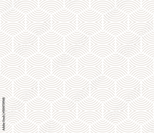 Vector abstract geometric pattern with hexagon shapes, curved lines, stripes, waves, grid. Simple minimal beige and white texture. Stylish modern minimalist background. Repeating decorative design