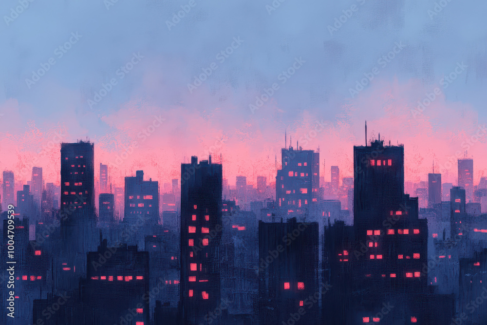 Stunning Urban Skyline at Dusk with Illuminated City Lights and Skyscrapers Stunning Urban Skyline at Dusk with Illuminated City Lights and Skyscrapers