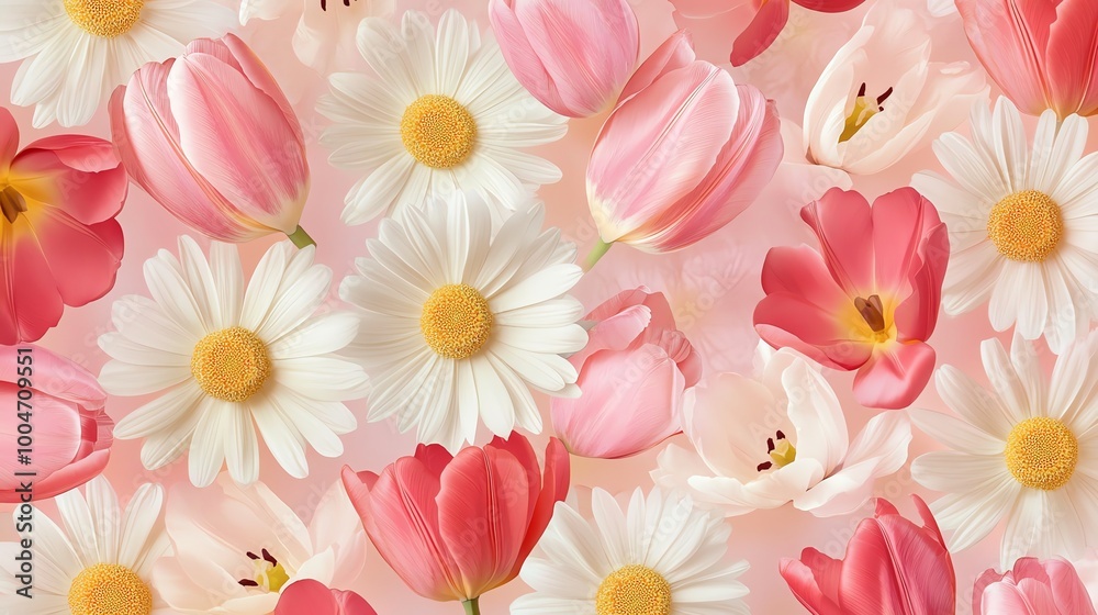 A beautiful floral background with pink tulips and white daisies on a pastel pink background. A beautiful floral background with pink tulips and white daisies on a pastel pink background.