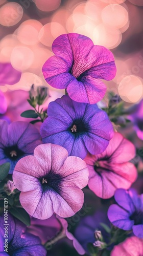 Vibrant purple and pink petunias with bokeh