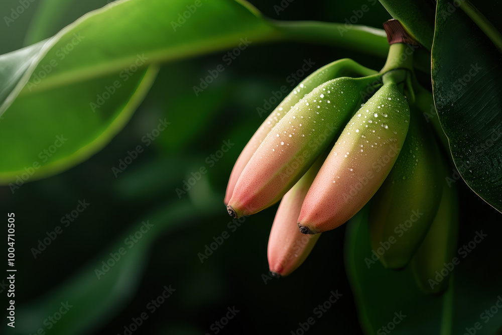 Close-Up of Dew-Kissed Unripe Bananas on a Tropical Banana Plant Close-Up of Dew-Kissed Unripe Bananas on a Tropical Banana Plant
