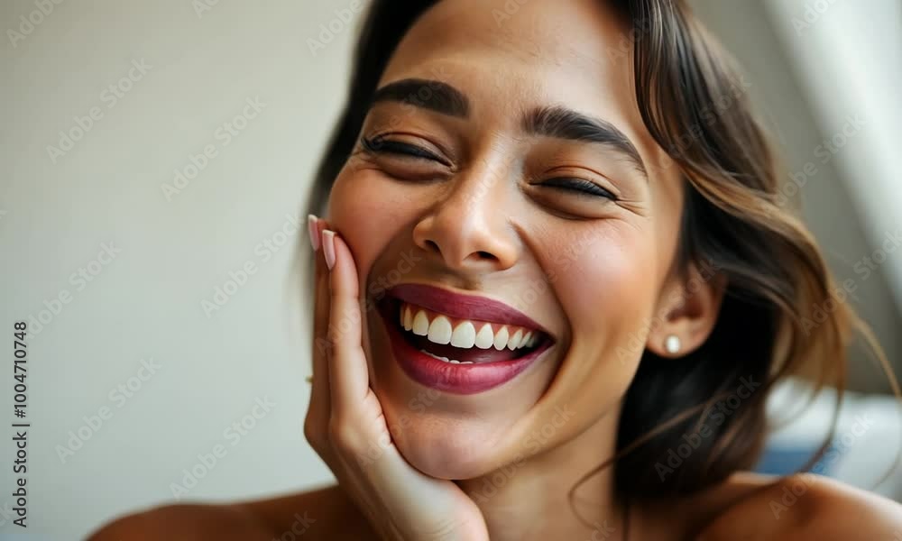 A woman exudes pure joy as she laughs heartily, her smile brightening the warm room. The cozy setting adds charm to her infectious happiness A woman exudes pure joy as she laughs heartily, her smile brightening the warm room. The cozy setting adds charm to her infectious happiness