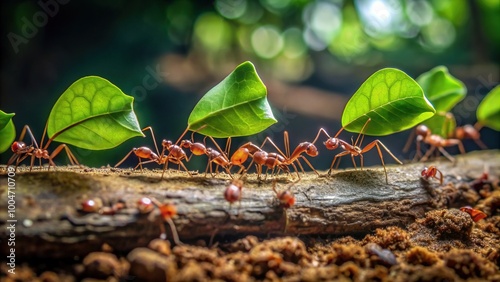 A thriving colony of leaf cutter ants marches in a line, carrying fresh green leaves back to their underground nest in the tropical rainforest. photo