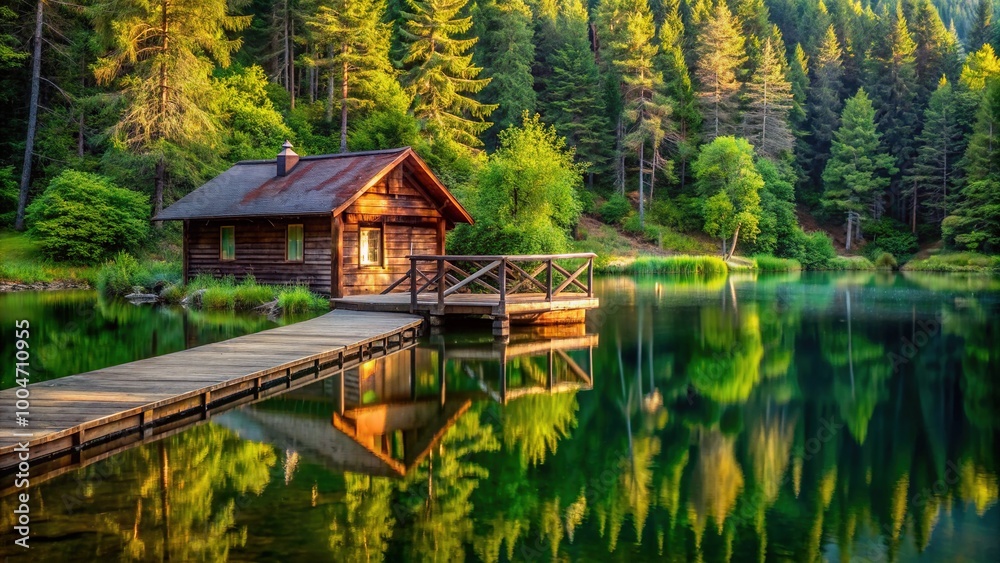 Serene wooden cabin surrounded by lush green trees, nestled near a calm lake, with a rustic wooden dock in the foreground. Serene wooden cabin surrounded by lush green trees, nestled near a calm lake, with a rustic wooden dock in the foreground.