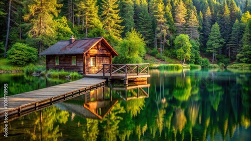 Serene wooden cabin surrounded by lush green trees, nestled near a calm lake, with a rustic wooden dock in the foreground.