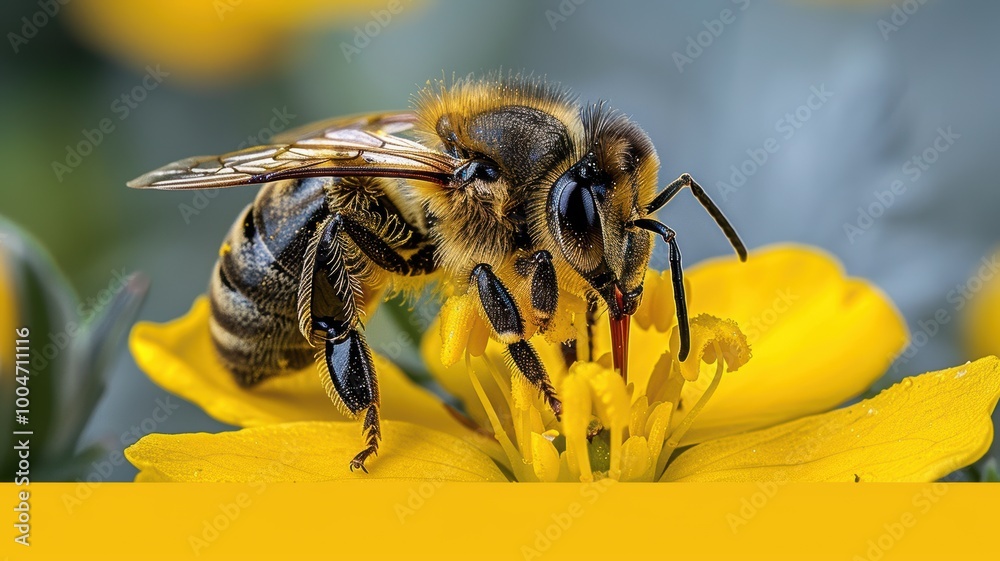female bee Halictus sp pollinating and feeding on yellow yarrow flowers. female bee Halictus sp pollinating and feeding on yellow yarrow flowers.