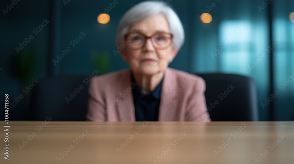 Elderly woman in smart attire sitting at a desk, focused expression, blurred background. Elderly woman in smart attire sitting at a desk, focused expression, blurred background.