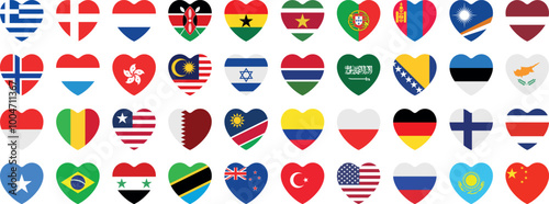 National flags in heart shape. National flags set. World flags