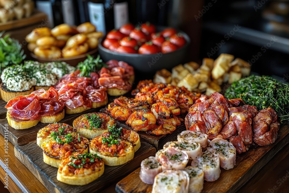a vibrant assortment of pintxos and tapas displayed on rustic wooden boards capturing the essence of basque country cuisine in a lively inviting atmosphere a vibrant assortment of pintxos and tapas displayed on rustic wooden boards capturing the essence of basque country cuisine in a lively inviting atmosphere