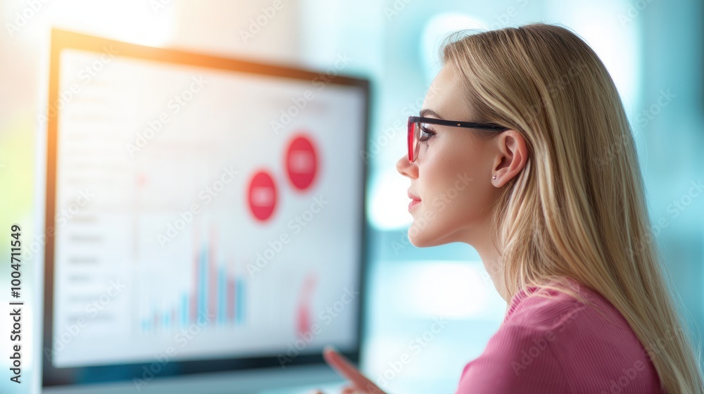 Focused woman analyzing data on a computer screen in an office environment. Focused woman analyzing data on a computer screen in an office environment.