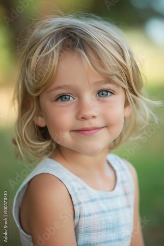 A blond child smiles warmly in a green, natural setting, exuding innocence and joy in nature's embrace.