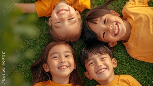 Four happy children lying on green grass, smiling and enjoying a sunny day.