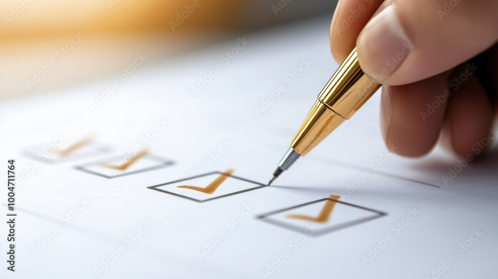 Hand checking off tasks on a checklist with a golden pen, white isolate background.
