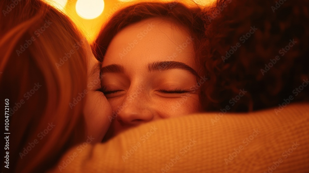 Joyful friends sharing a close moment, illuminated by warm lights, happy expressions. Joyful friends sharing a close moment, illuminated by warm lights, happy expressions.