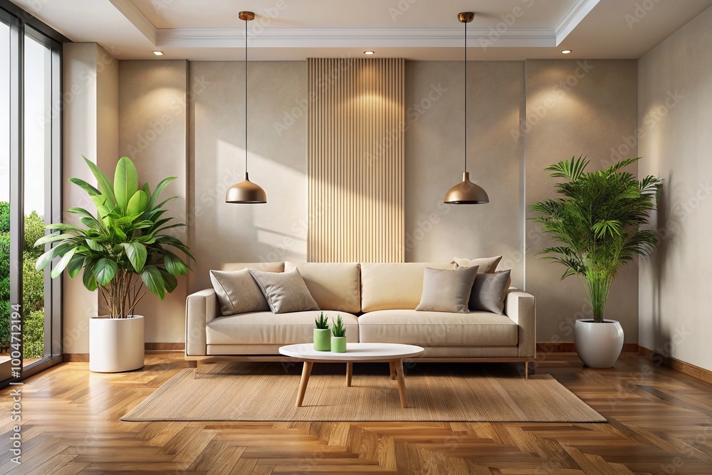 Sleek modern interior with creamy walls, polished wooden floor, and sparse decor, featuring a low-profile sofa and a few carefully placed potted plants.