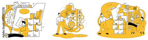 Work with data vector illustration. Analytical skills are architects constructing bridges between data and actionable insights Data analytics breathes life into numbers, transforming