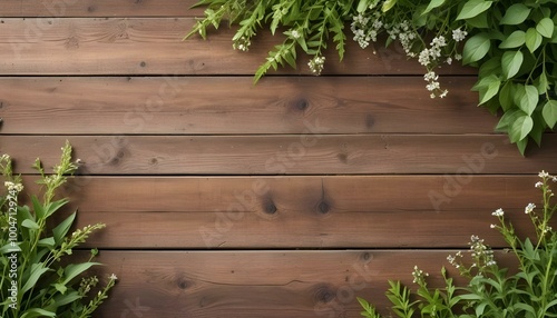 A dark wooden panel surrounded by green stems, highlighting the contrast between the rich wood texture and the vibrant greenery. The natural elements create a harmonious and organic composition