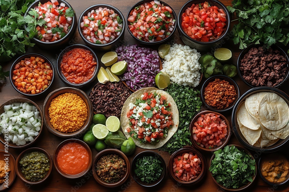 a vibrant taco feast displays a colorful array of toppings celebrating the rich flavors and authentic presentation of mexican cuisine with an emphasis on texture and diverse ingredients a vibrant taco feast displays a colorful array of toppings celebrating the rich flavors and authentic presentation of mexican cuisine with an emphasis on texture and diverse ingredients