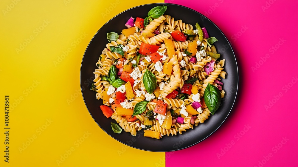 Bell pepper pasta salad with basil and feta, served on a modern black dish against a neon pink and yellow backdrop Bell pepper pasta salad with basil and feta, served on a modern black dish against a neon pink and yellow backdrop