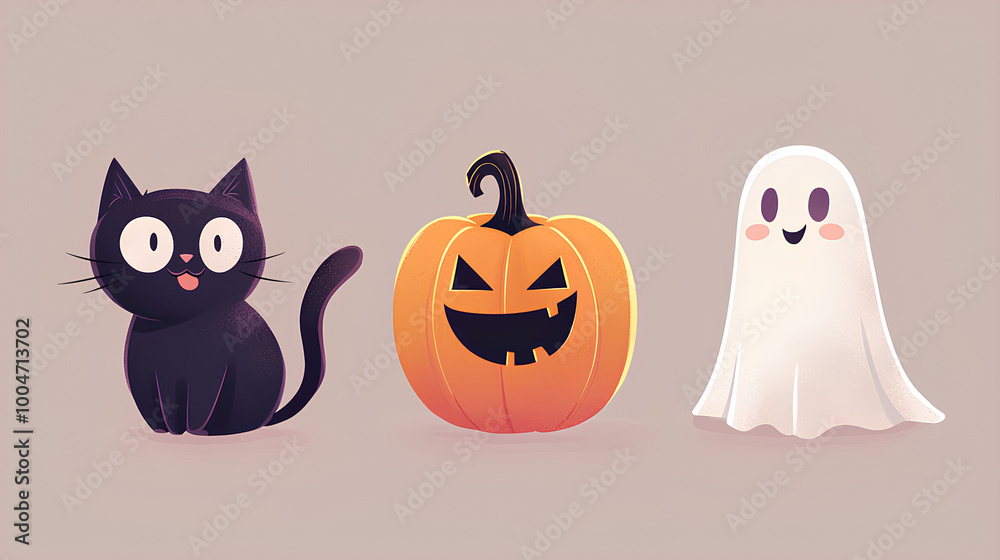 Three Halloween themed cartoon characters sit next to a pumpkin and a ghost Three Halloween themed cartoon characters sit next to a pumpkin and a ghost