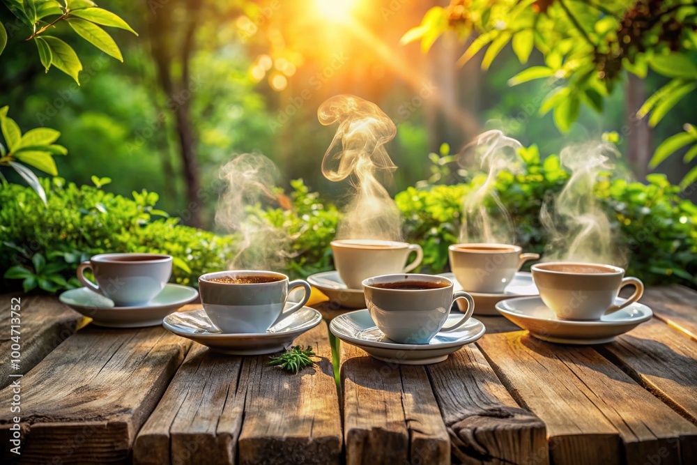 Cozy morning scene with steaming cups and saucers on a rustic wooden table, surrounded by lush greenery, evoking feelings of warmth and female friendship. Cozy morning scene with steaming cups and saucers on a rustic wooden table, surrounded by lush greenery, evoking feelings of warmth and female friendship.