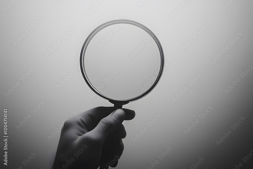 hand holding magnifying glass in black and white