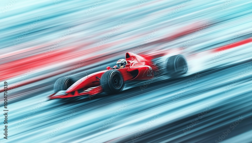 Red racing car speeds around a track, creating a thrilling blur effect, capturing the energy and excitement of competitive motorsport Red racing car speeds around a track, creating a thrilling blur effect, capturing the energy and excitement of competitive motorsport
