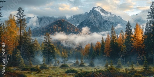 Foggy Forest Landscape in Tatra National Park, Poland, Autumn Sunrise, Mist-Covered Trees, Vibrant Fall Colors, Serene Meadow, Idyllic Alpine Panorama, Nature Beauty