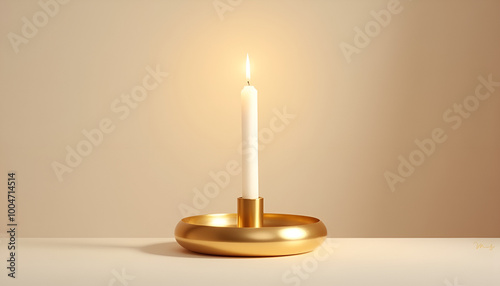 Elegant candle holder, lit candle, warm ambiance, minimalist design, copy space