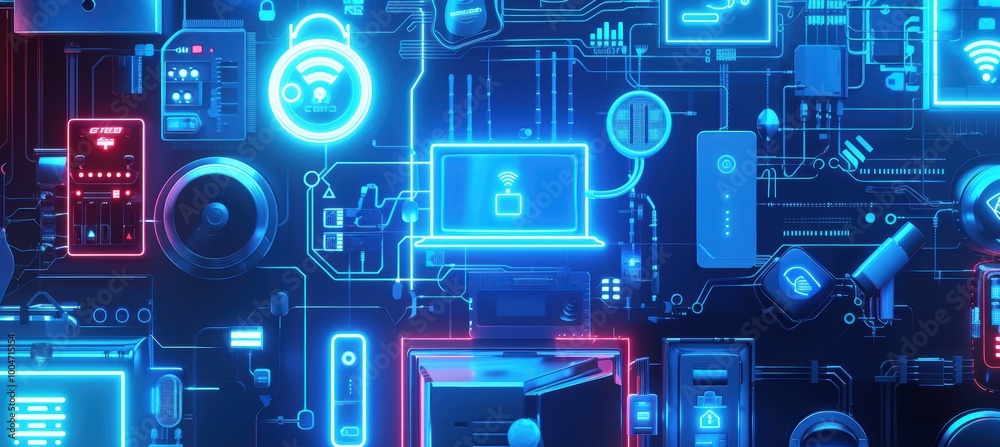 Cyber Week Banner with Smart Home Gadgets and Subtle Neon Blue Lighting for Promotional Use Cyber Week Banner with Smart Home Gadgets and Subtle Neon Blue Lighting for Promotional Use