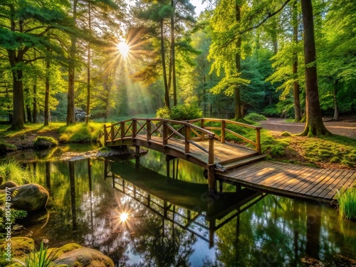 Serene forest retreat with dappled sunlight filtering through lush greenery, rustic wooden bridge, and tranquil pond surrounded by tall trees' majestic presence. photo