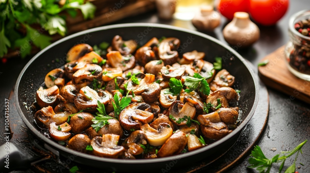 Cooking mushrooms in a sizzling pan with herbs. Delicious fried mushrooms in frying pan Cooking mushrooms in a sizzling pan with herbs. Delicious fried mushrooms in frying pan