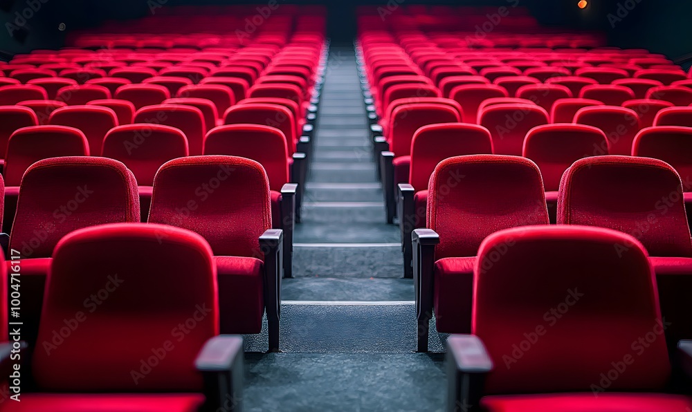 Naklejka premium rows of red theater seats in an empty auditorium