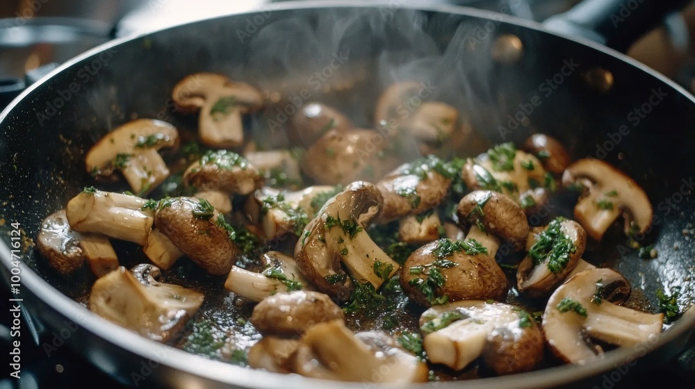 Cooking mushrooms in a sizzling pan with herbs. Delicious fried mushrooms in frying pan Cooking mushrooms in a sizzling pan with herbs. Delicious fried mushrooms in frying pan