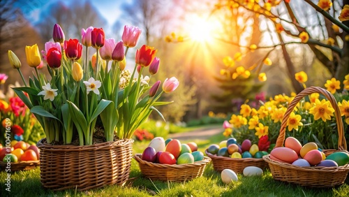 Vibrant tulips and daffodils bloom amidst decorated Easter eggs and woven baskets in a lush spring garden, surrounded by lush greenery and sunshine. photo