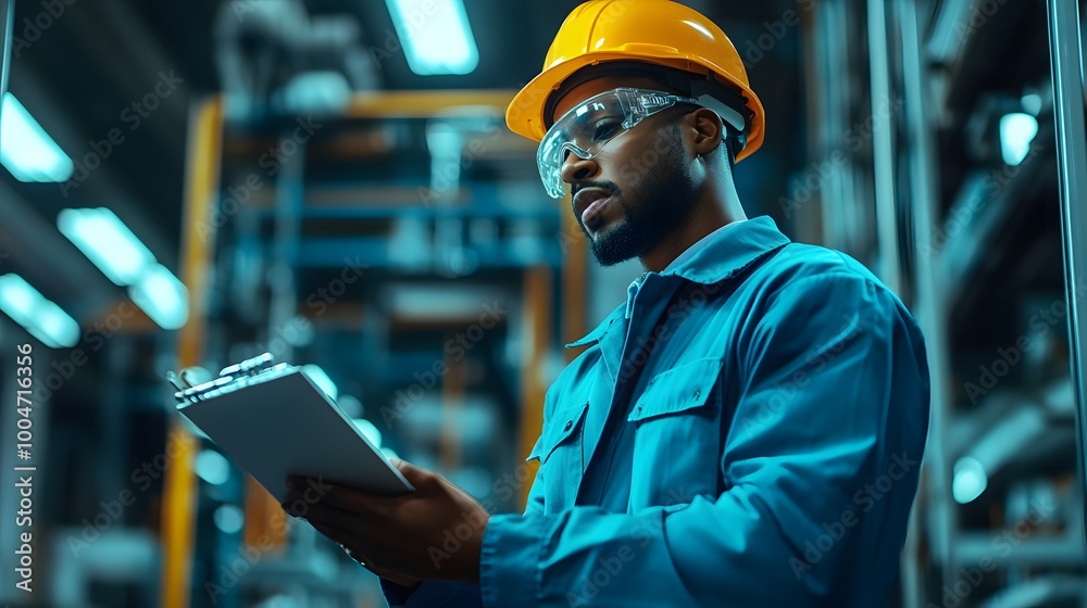 Engineer in safety gear examines notes in an industrial setting, showcasing professionalism and attention to detail. Engineer in safety gear examines notes in an industrial setting, showcasing professionalism and attention to detail.