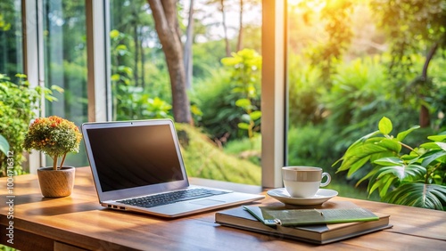 Cozy home office setup with laptop, notebooks, and coffee cup on wooden desk in front of window with blurred outdoor greenery and natural light. photo