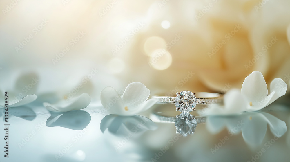 Elegant diamond engagement ring placed among soft white flower petals, reflected on a smooth surface, symbolizing purity, love, and eternal commitment, perfect for wedding and engagement themes. Elegant diamond engagement ring placed among soft white flower petals, reflected on a smooth surface, symbolizing purity, love, and eternal commitment, perfect for wedding and engagement themes.