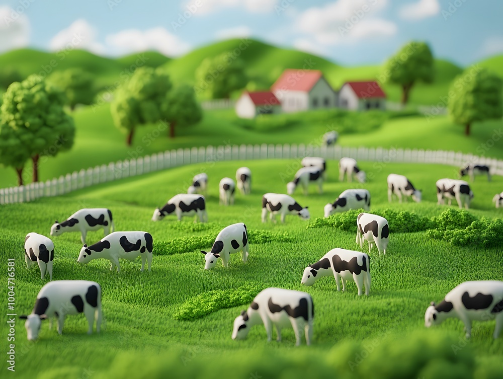 A serene 3D illustration of an organic dairy farm with cows grazing peacefully on lush green pasture A serene 3D illustration of an organic dairy farm with cows grazing peacefully on lush green pasture