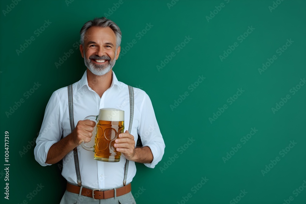 Senior man holding beer mug isolated on green background. Oktoberfest festival, St Patrick's Day celebration. Alcohol drink, beverage concept. Craft brewery. Banner with copy space. Studio portrait Senior man holding beer mug isolated on green background. Oktoberfest festival, St Patrick's Day celebration. Alcohol drink, beverage concept. Craft brewery. Banner with copy space. Studio portrait