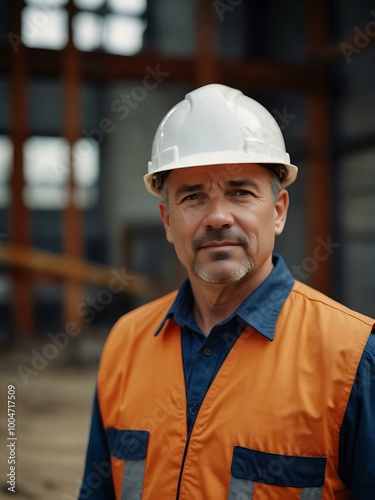 Middle-aged construction worker at industrial site.