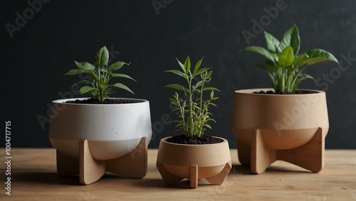 Minimalist 3D planters with seedlings