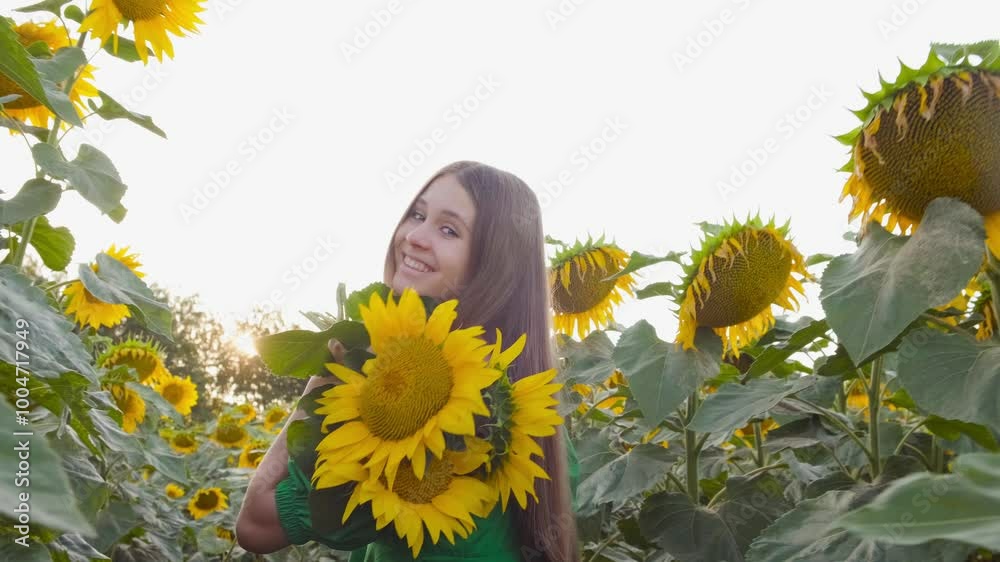 Cute young girl in a dress in a field of sunflowers in summer Cute young girl in a dress in a field of sunflowers in summer