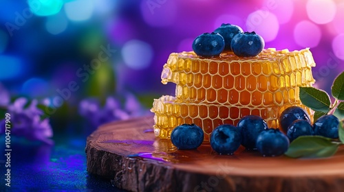 Golden honeycomb with fresh blueberries, placed on a rustic wooden board against a glowing neon purple and teal backdrop